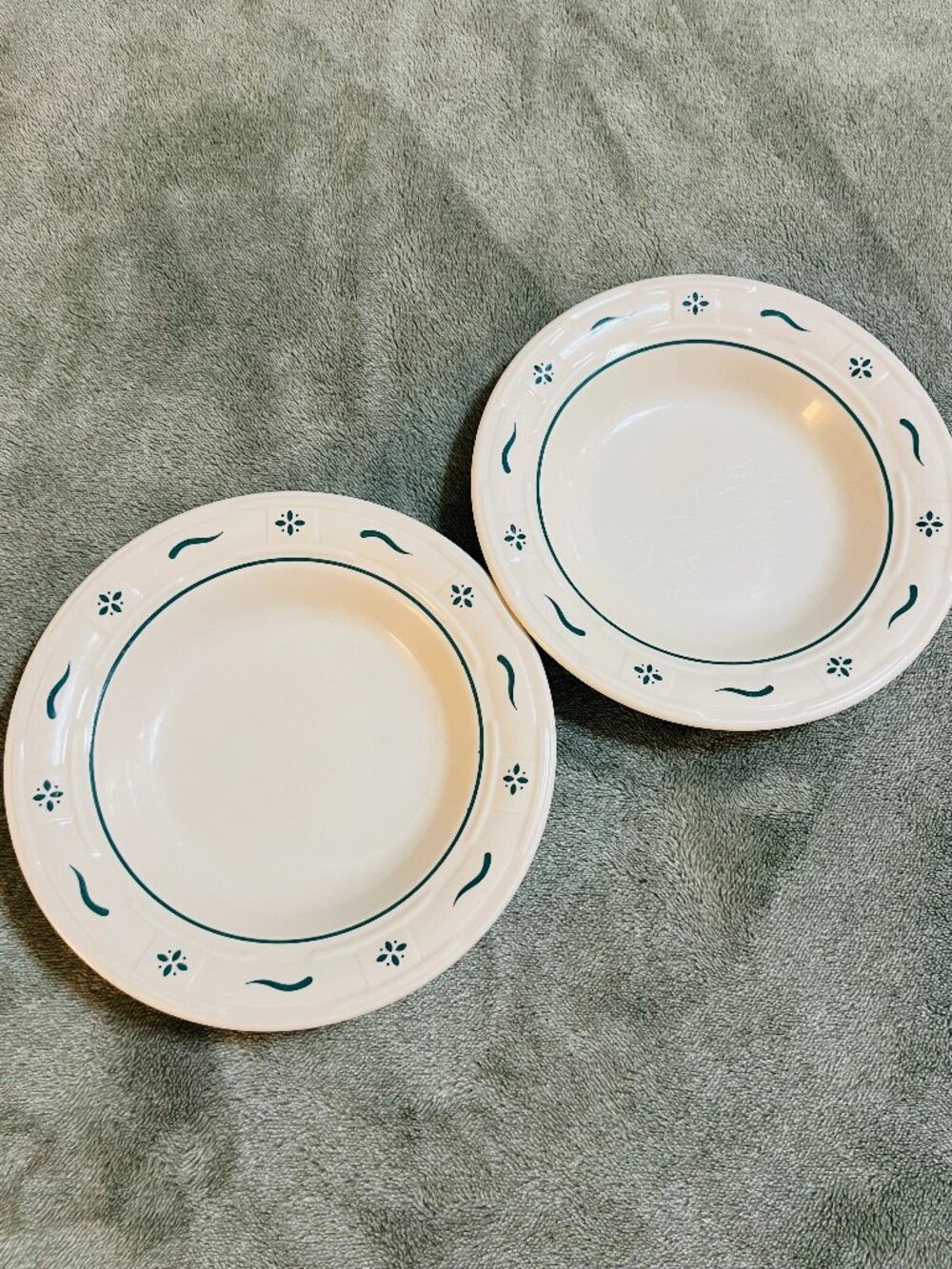 Longaberger S/2 Woven Traditions green heritage pottery rimmed soup bowls 8" USA